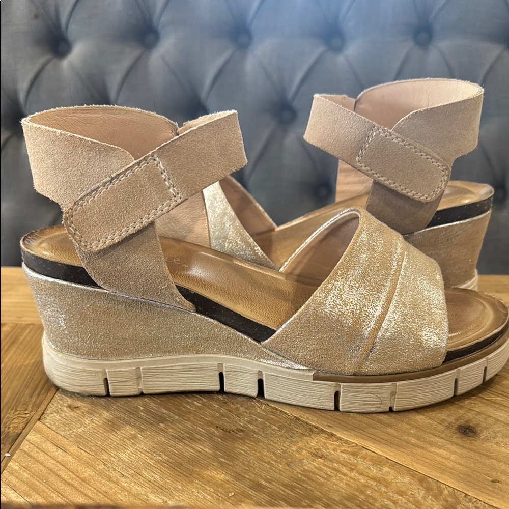 Diba True Tan Metallic Wedge Sandals with Crisscross Straps and Ankle Closure